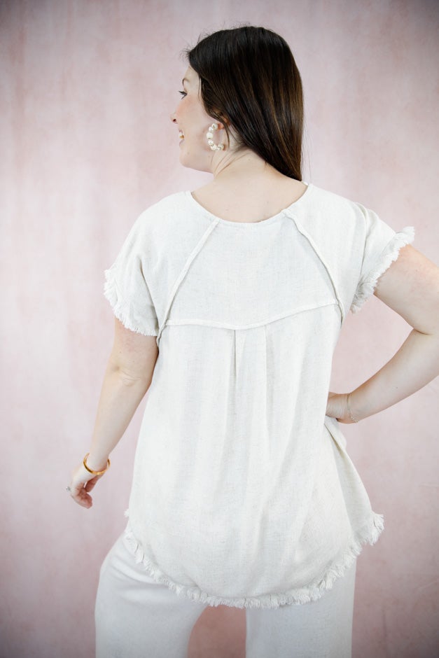 Solid Linen Short Sleeve Top - Seam Detailing & Ruffle Fringe Edges