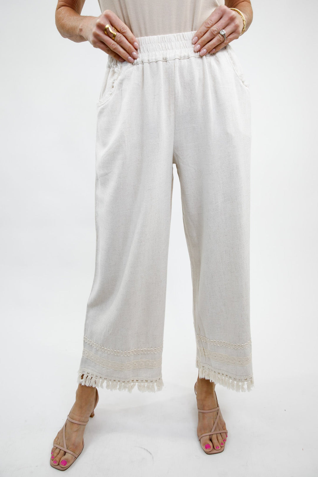 Lace Trim Fringe Hem Wide Leg Pants