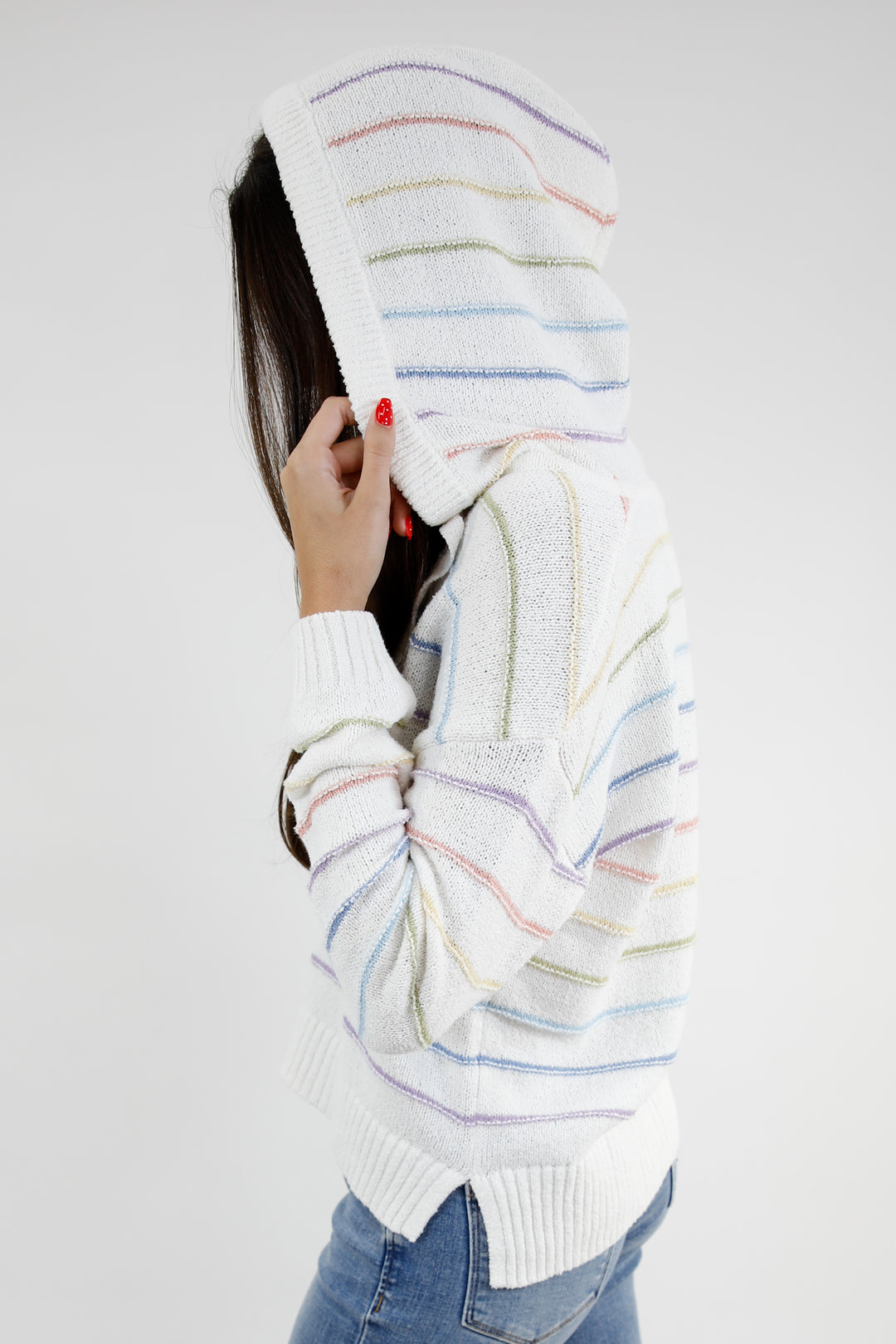 Drawstring Hood V Neck Sweater
