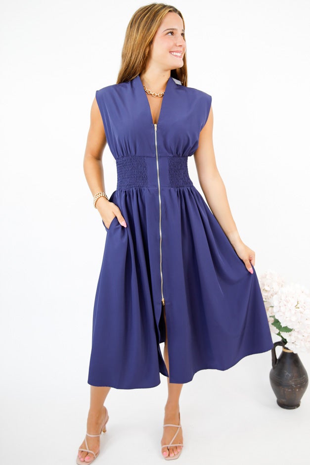 Chic & Sleek Smocked Waist Zip Dress