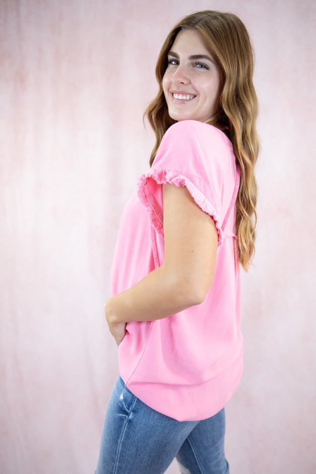 Solid Linen Short Sleeve Top - Seam Detailing & Ruffle Fringe Edges