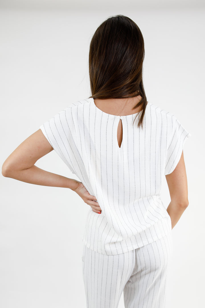 Pinstripe Linen Blend High Low V Neck Top