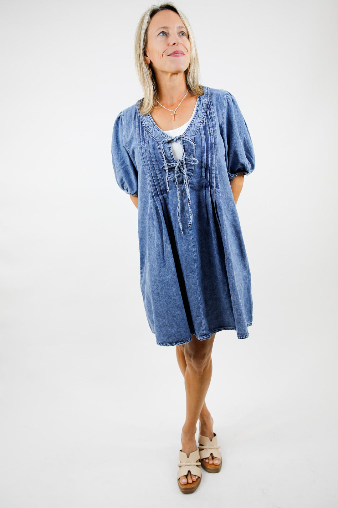 Pleated Charm Denim Mini Dress
