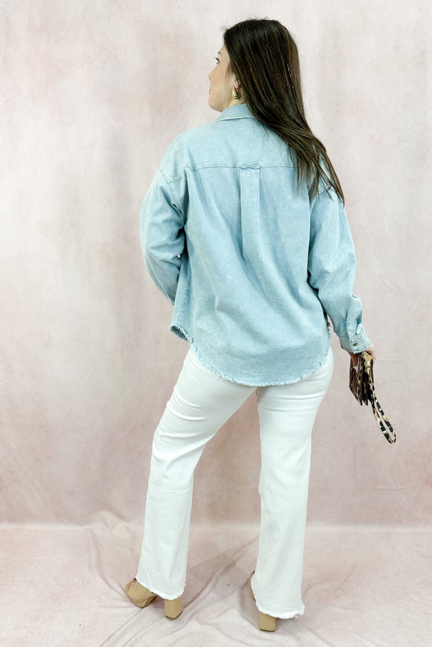 Raw Edge Snap-Button Denim Shirt - Sky Blue