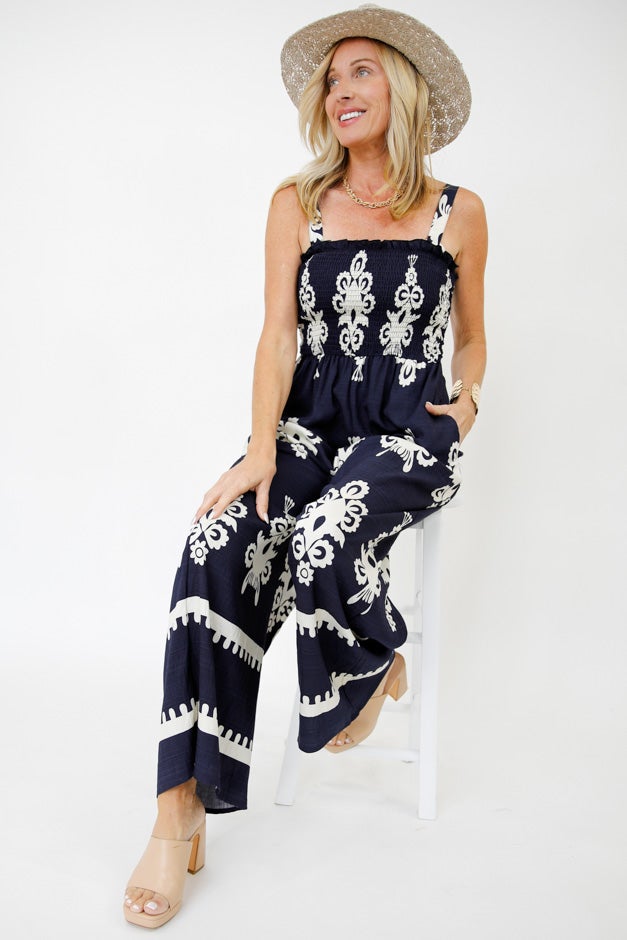 Two-Tone Abstract Smocked Wide Leg Jumpsuit