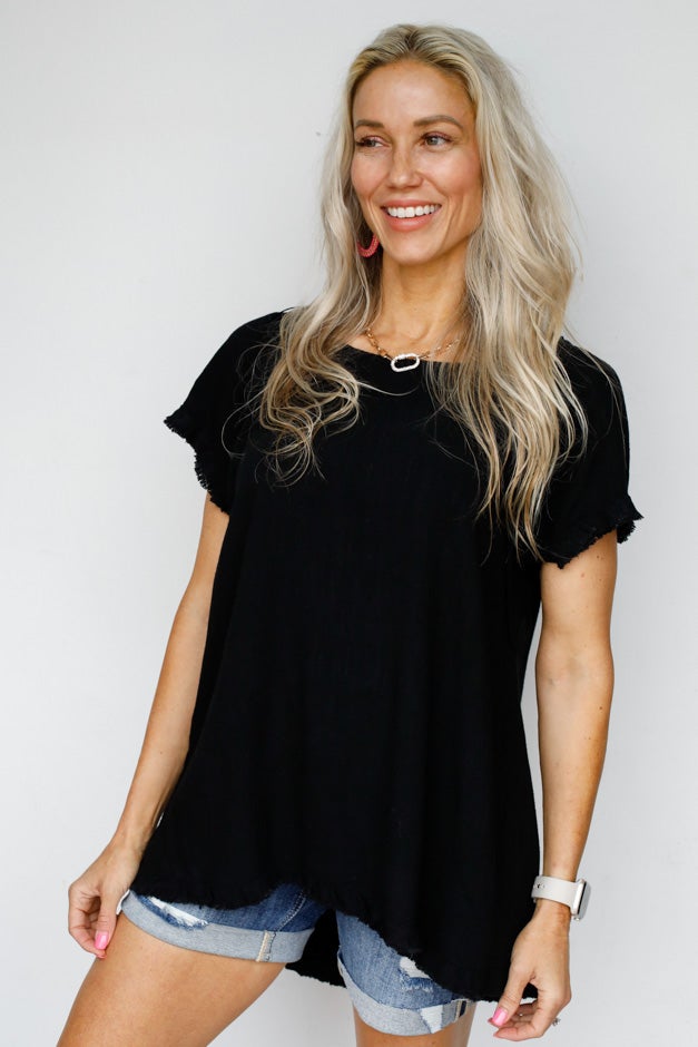 Solid Linen Short Sleeve Top - Seam Detailing & Ruffle Fringe Edges