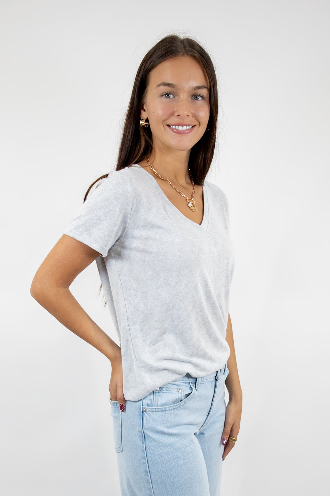 Everyday Hacci V Neck Tee Taupe Grey