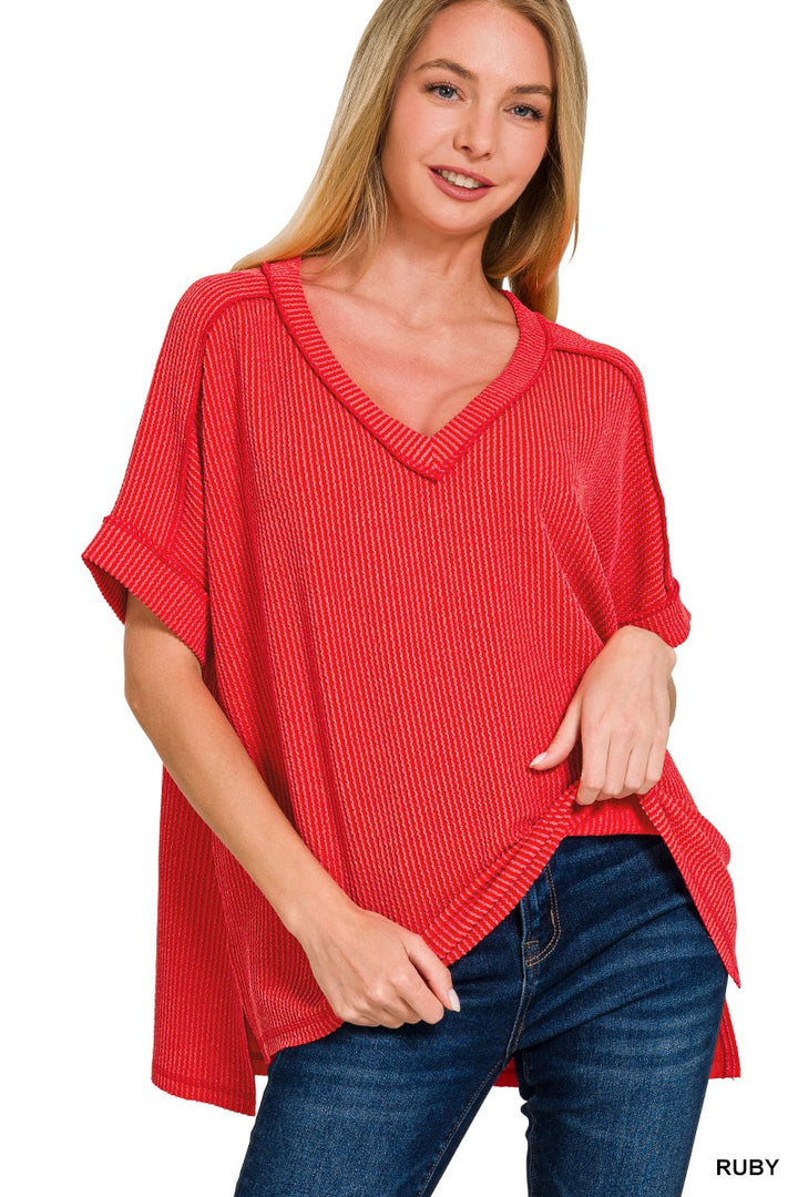 Easy Day Raised Rib Hi Low V Neck Top