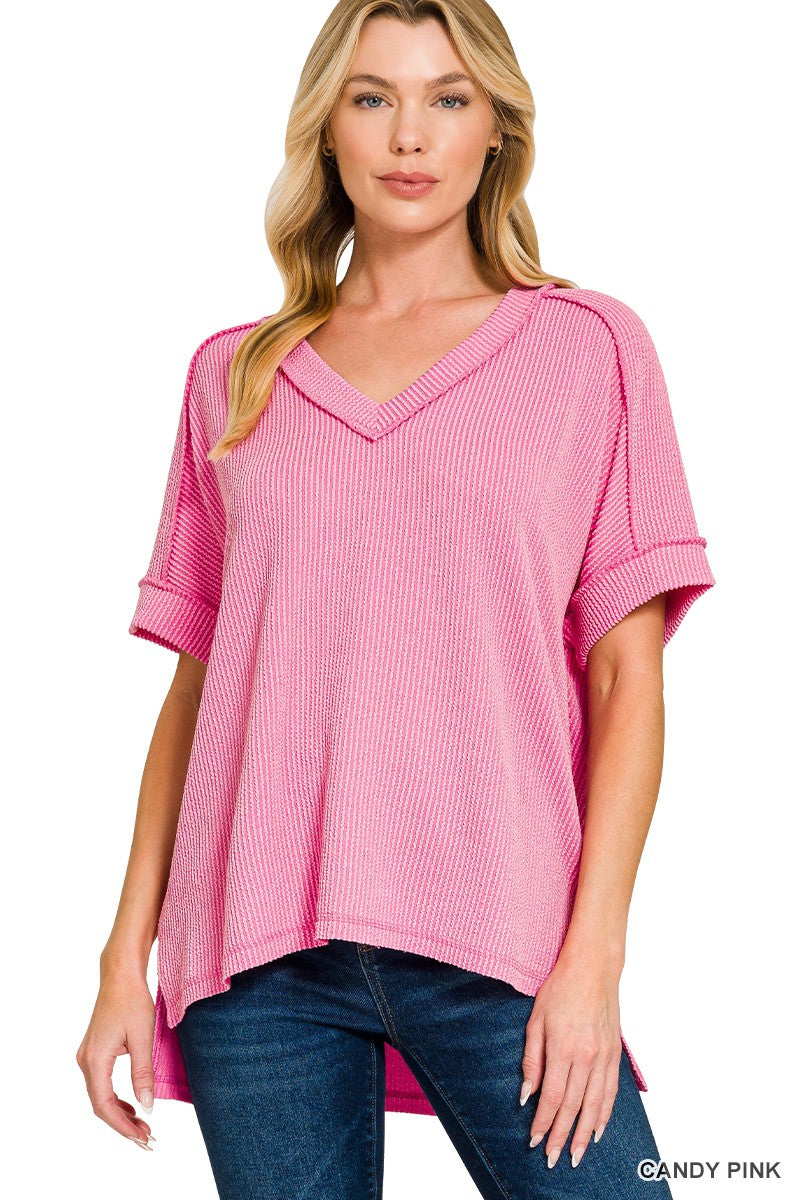 Easy Day Raised Rib Hi Low V Neck Top