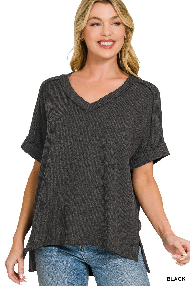 Easy Day Raised Rib Hi Low V Neck Top