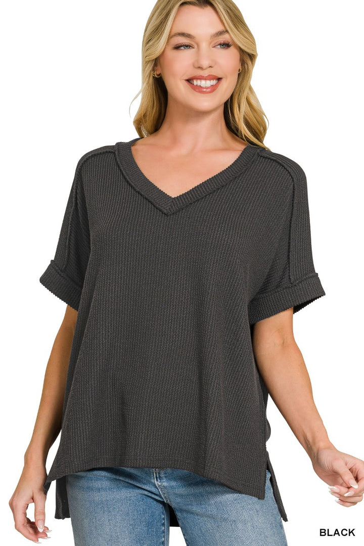 Easy Day Raised Rib Hi Low V Neck Top
