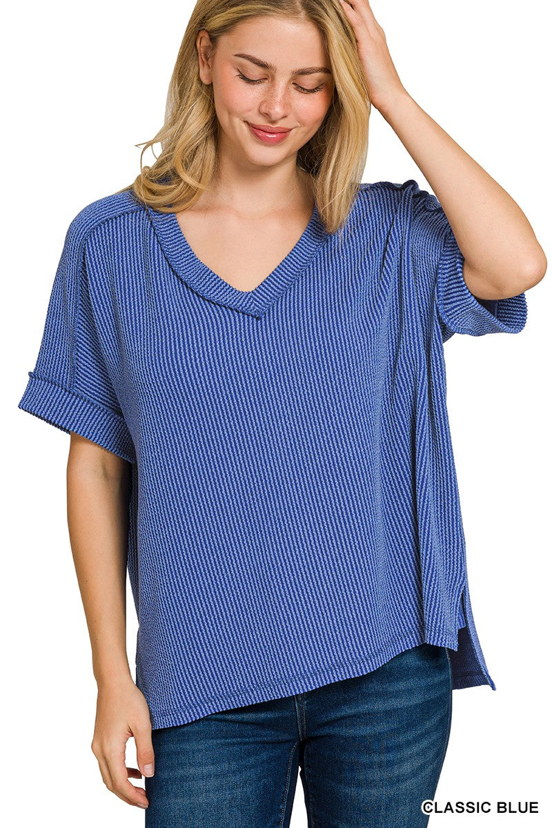 Easy Day Raised Rib Hi Low V Neck Top