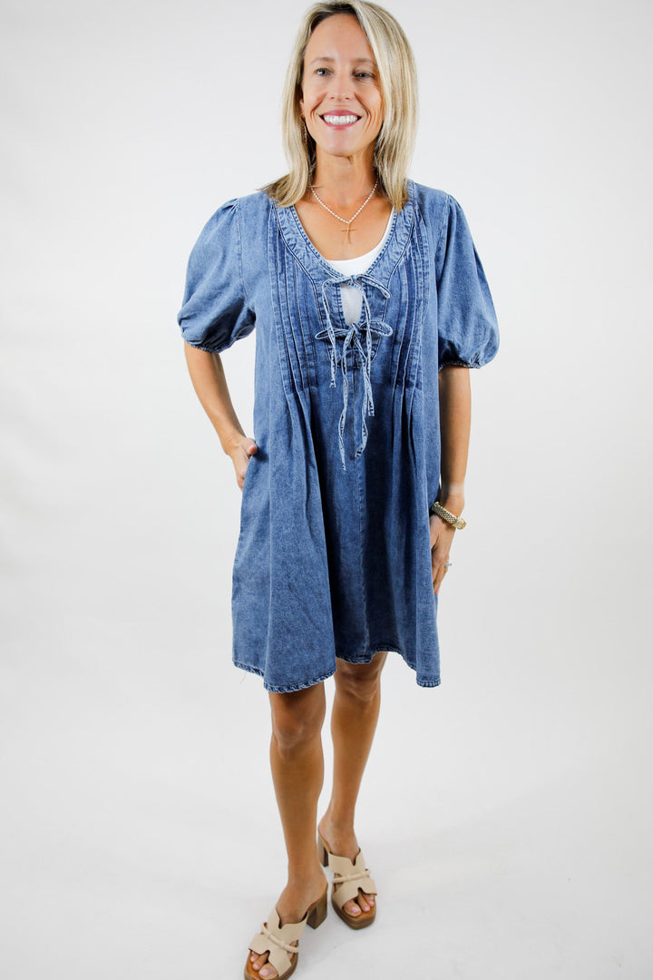 Pleated Charm Denim Mini Dress
