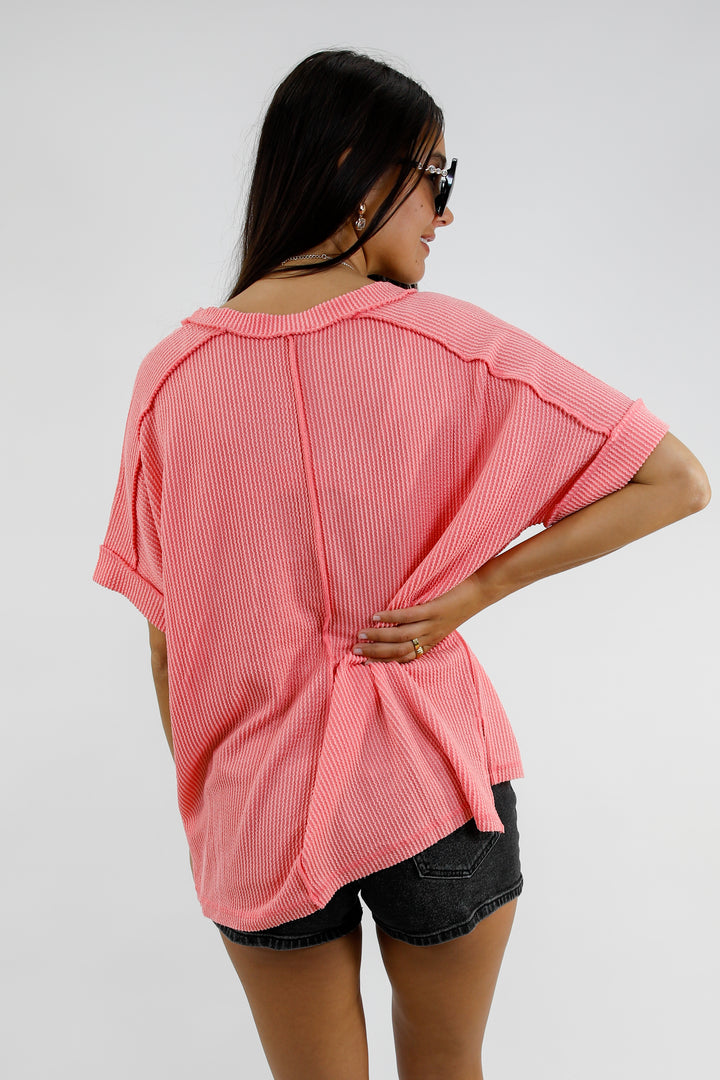 Easy Day Raised Rib Hi Low V Neck Top