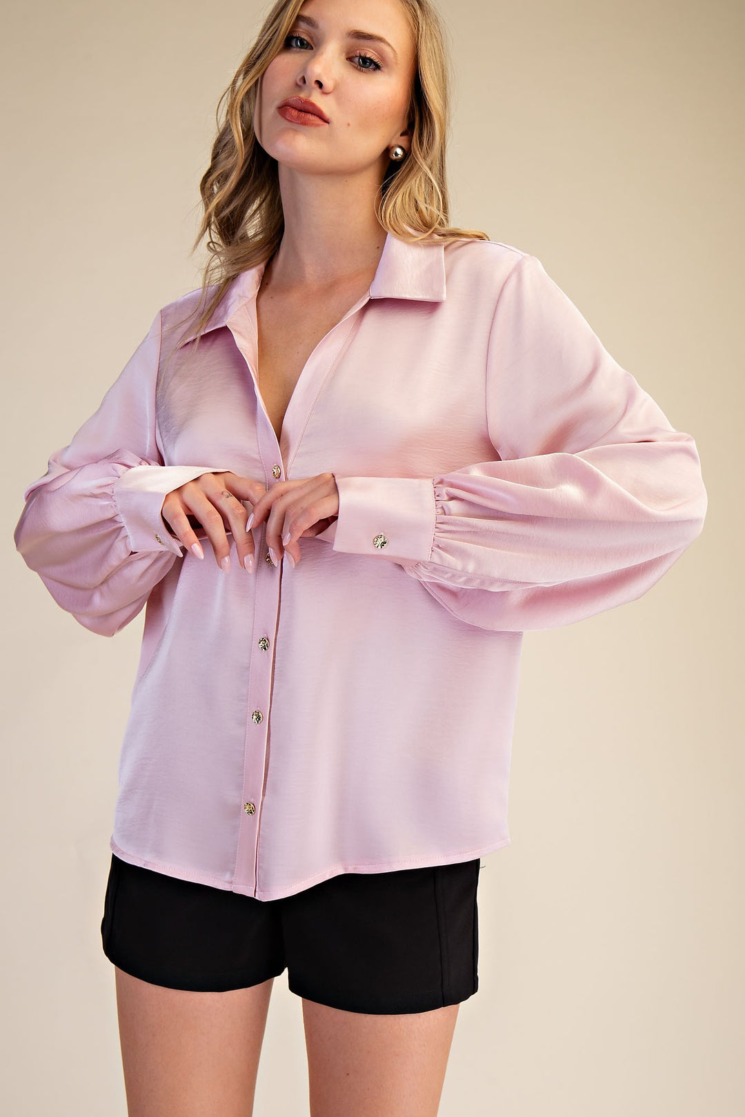 Light Pink V Neck Collar Button Down Shirt