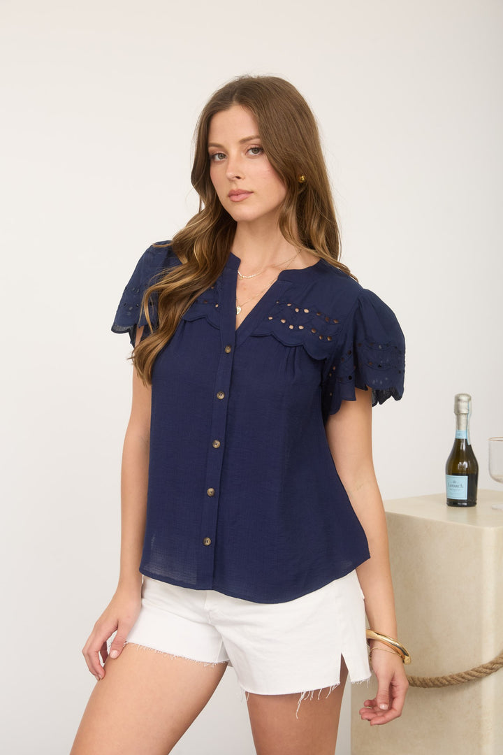 Navy Eyelet Charm Button Down Top