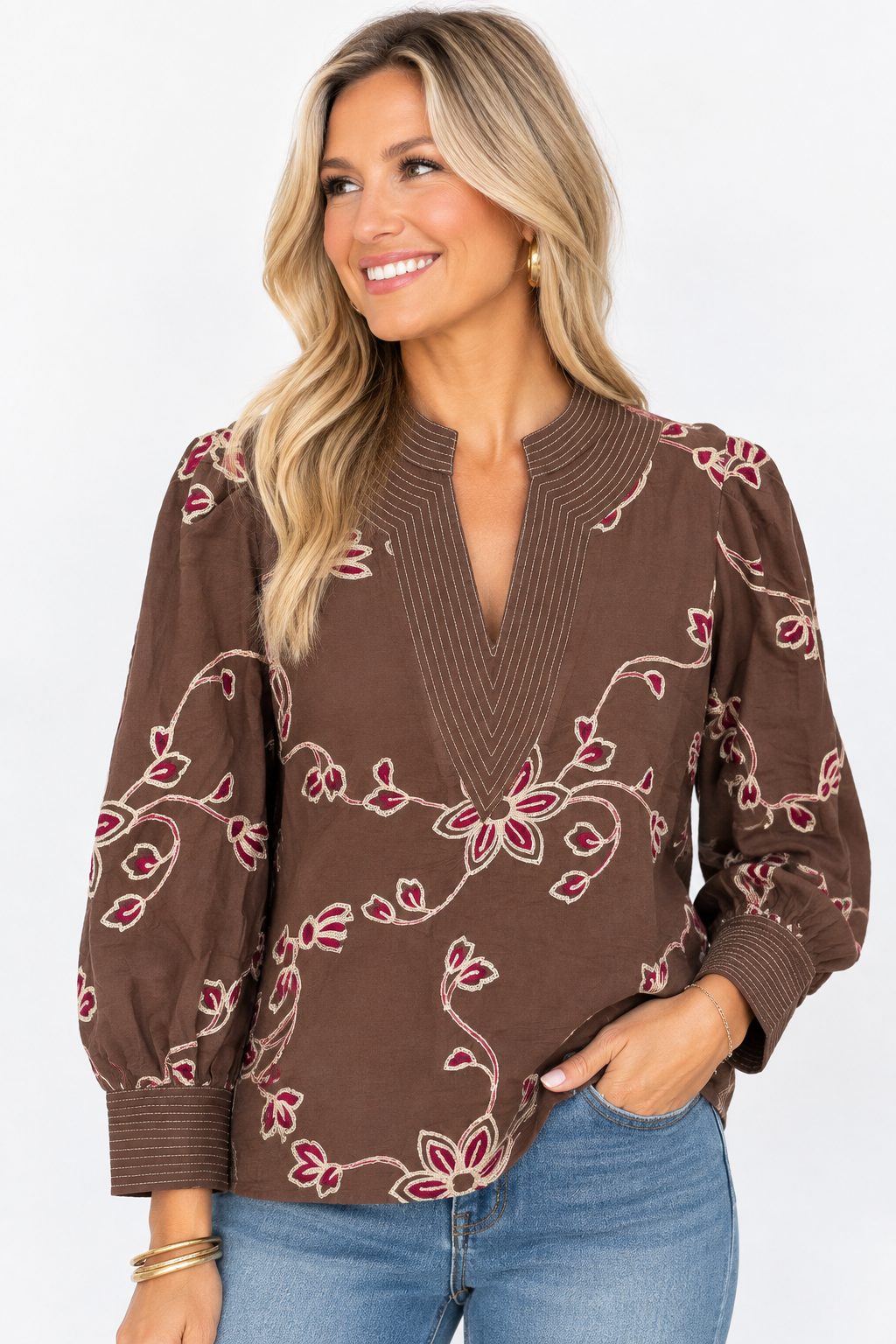 Autumn Embroidery Split Neck Blouse