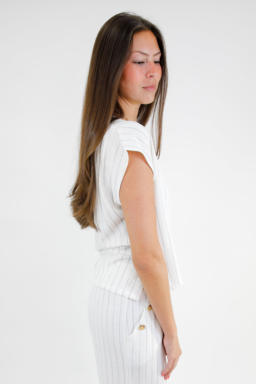 Pinstripe Linen Blend High Low V Neck Top