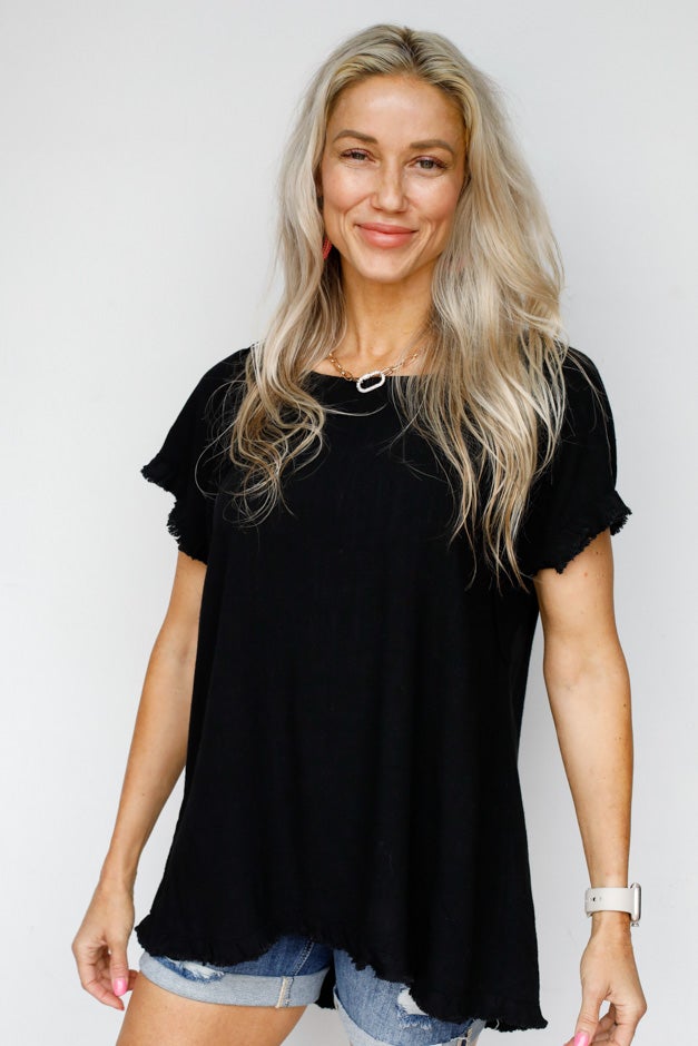 Solid Linen Short Sleeve Top - Seam Detailing & Ruffle Fringe Edges