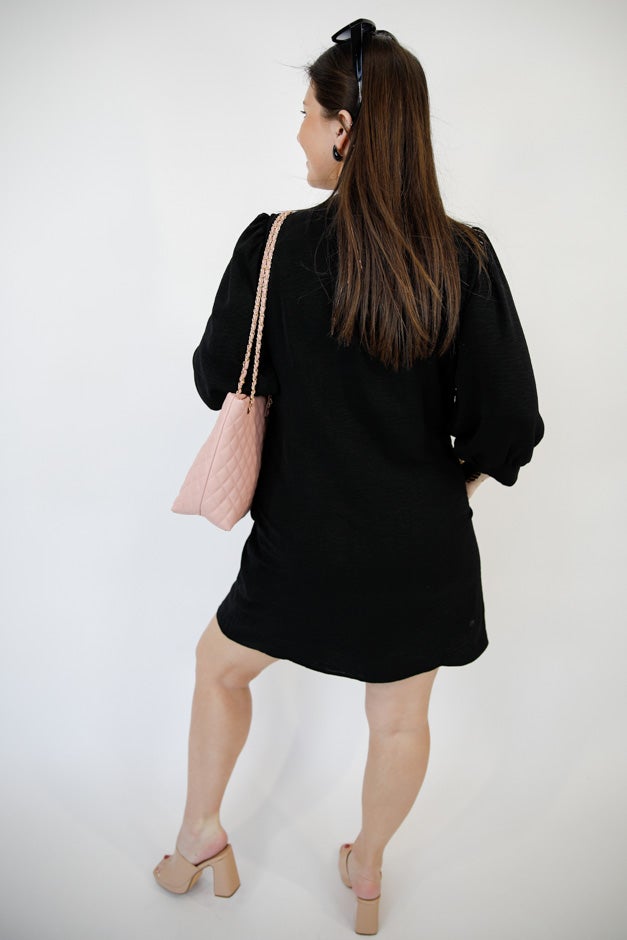 Peasant Sleeve Split-Neck Mini Dress