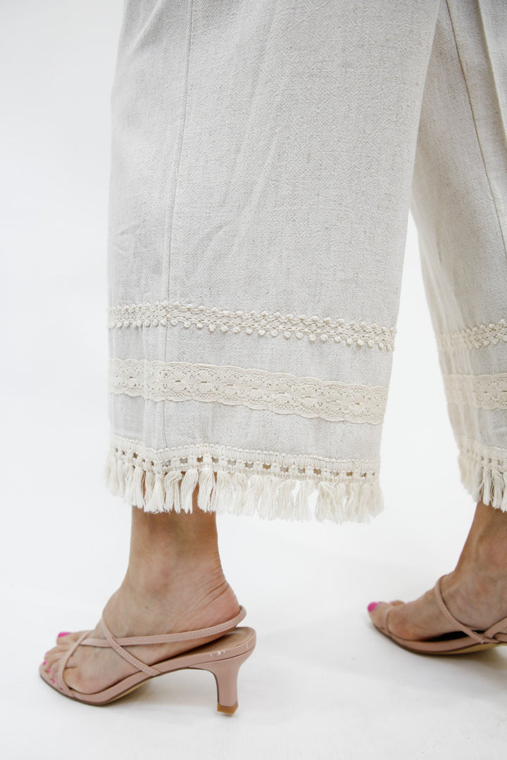 Lace Trim Fringe Hem Wide Leg Pants
