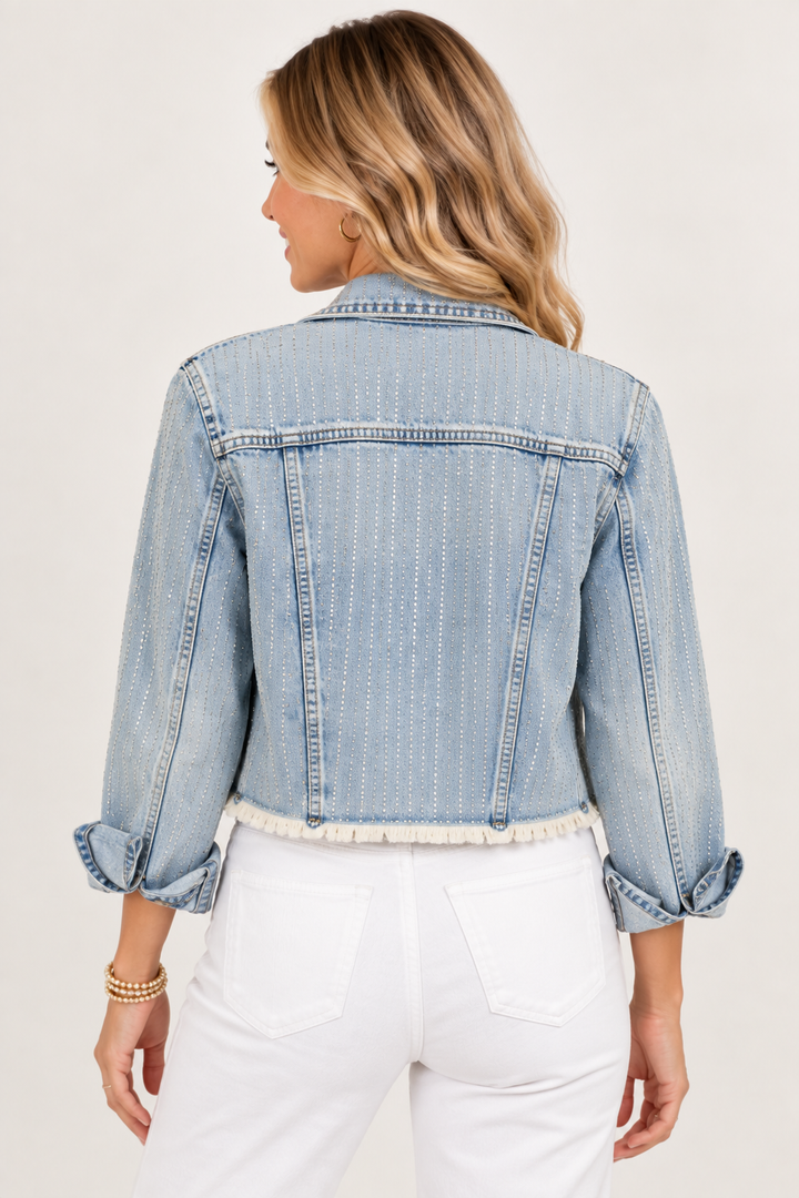 Find Your Sparkle Rhinestone Distressed Denim Jacket