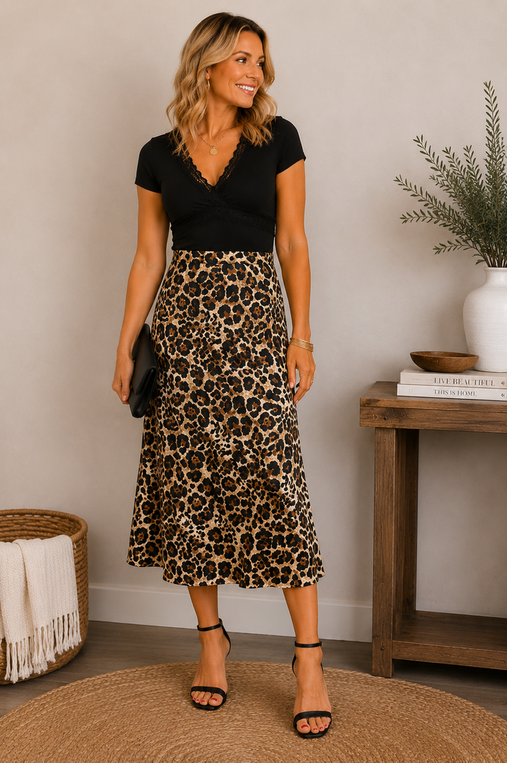 Wild Movement Leopard Satin Midi Skirt