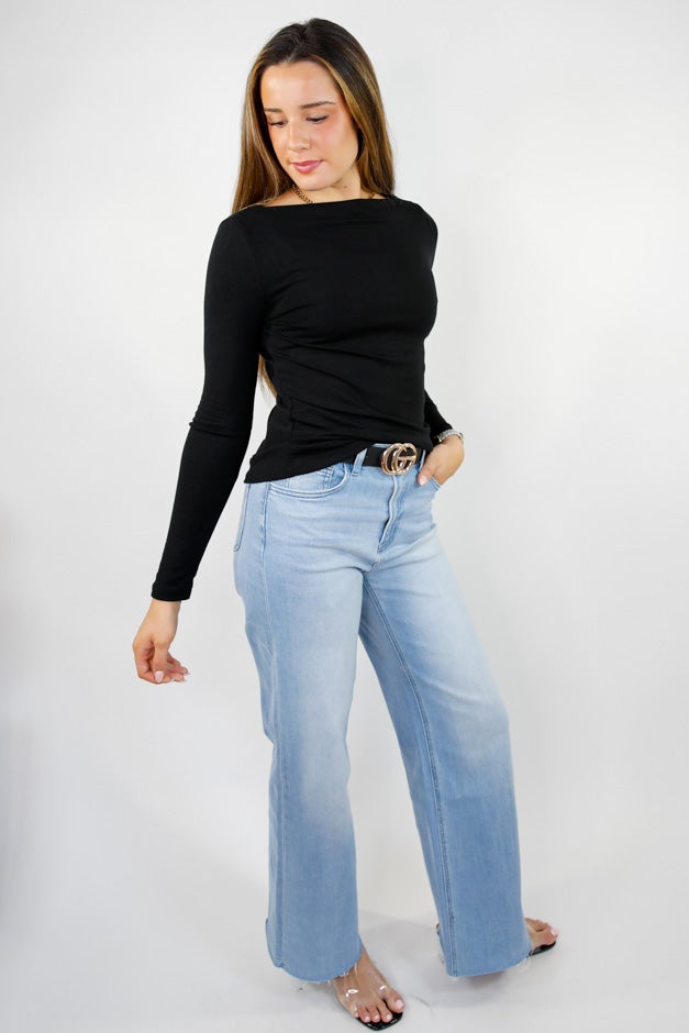 Just a Thought Wide Neck Long Sleeve Knit Blouse