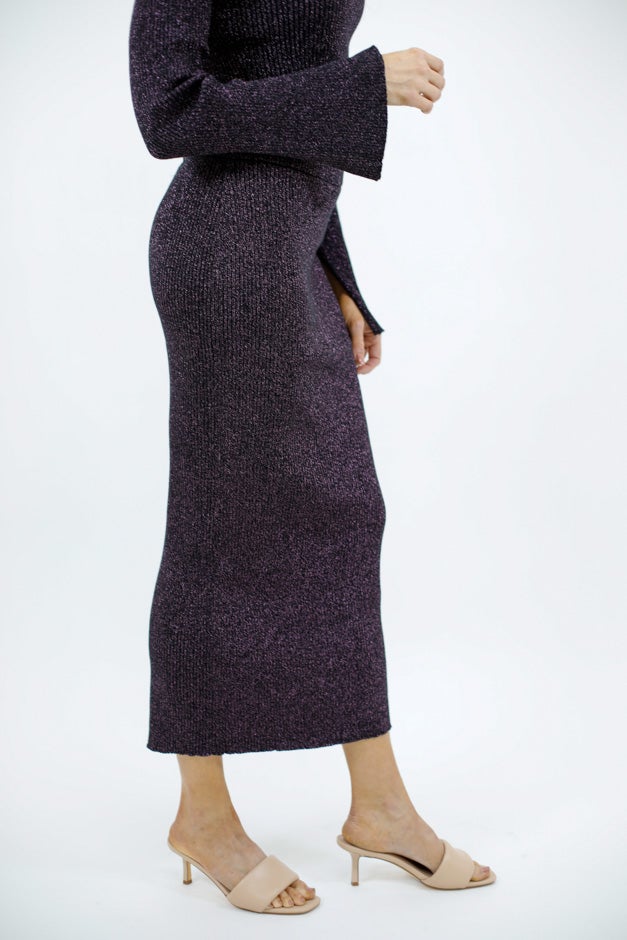 Luxe Ribbed Midi Skirt - Black & Rose Gold Shimmer Knit *Final Sale*