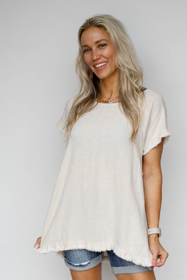 Solid Linen Short Sleeve Top - Seam Detailing & Ruffle Fringe Edges
