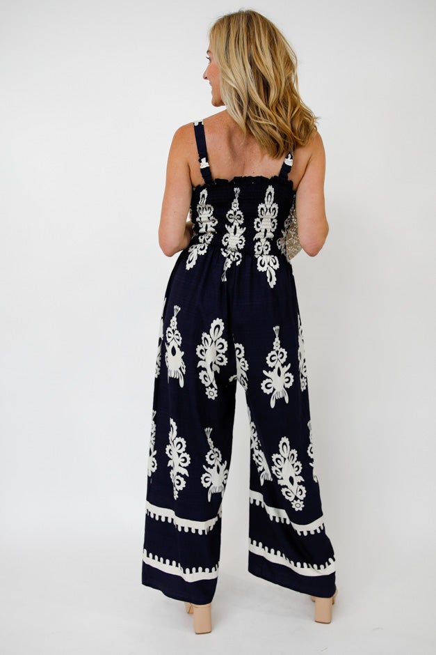 Two-Tone Abstract Smocked Wide Leg Jumpsuit