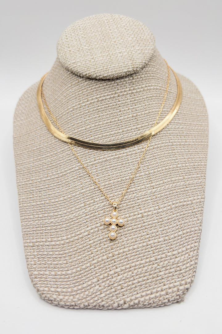 Pearl Cross and Snake Chain Layered Necklace