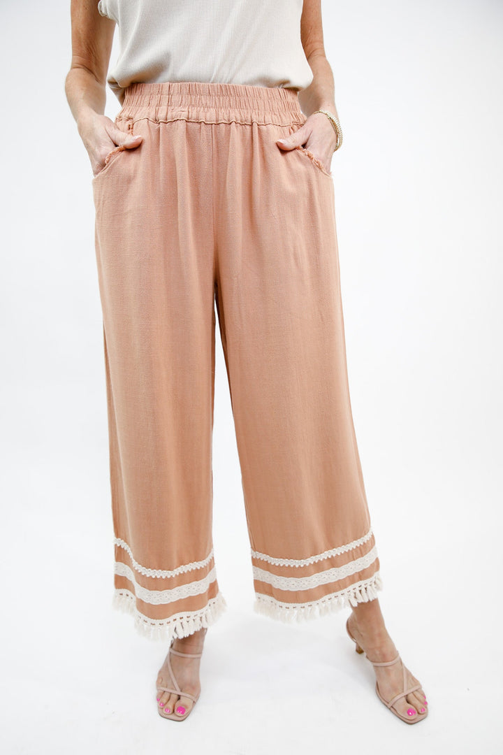 Lace Trim Fringe Hem Wide Leg Pants