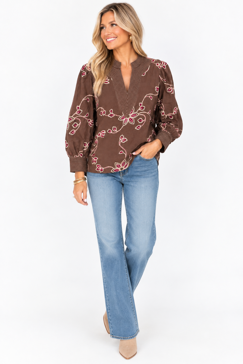 Autumn Embroidery Split Neck Blouse