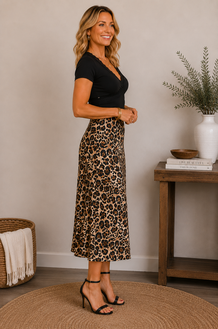 Wild Movement Leopard Satin Midi Skirt