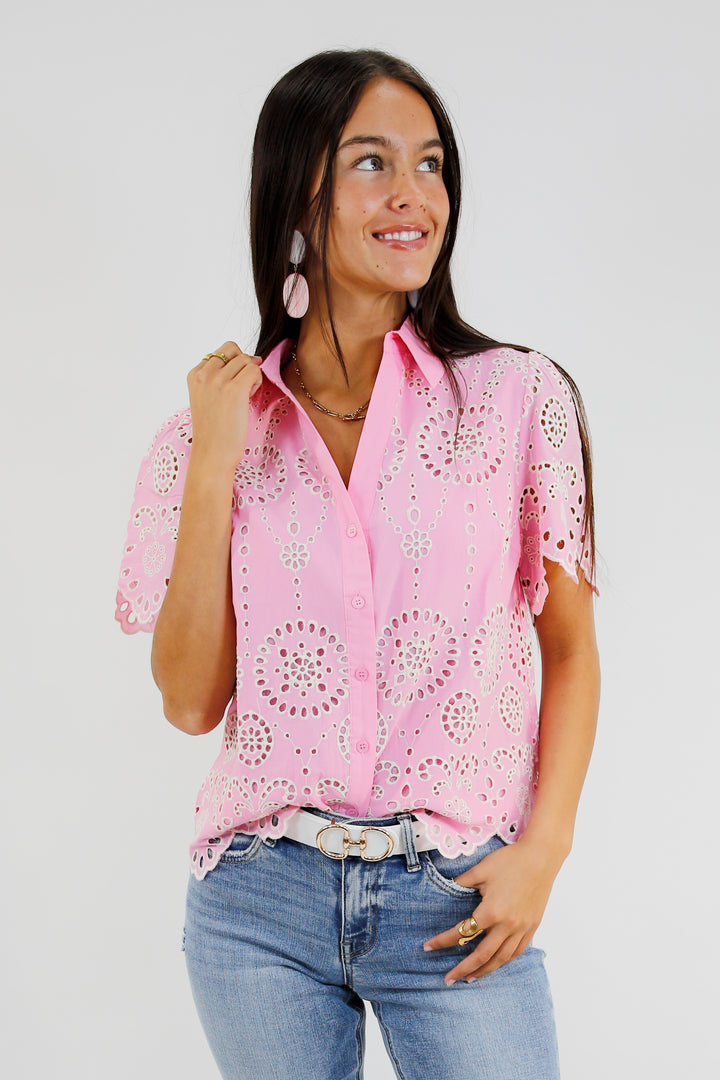 Pretty In Pink Eyelet Embroidered Blouse
