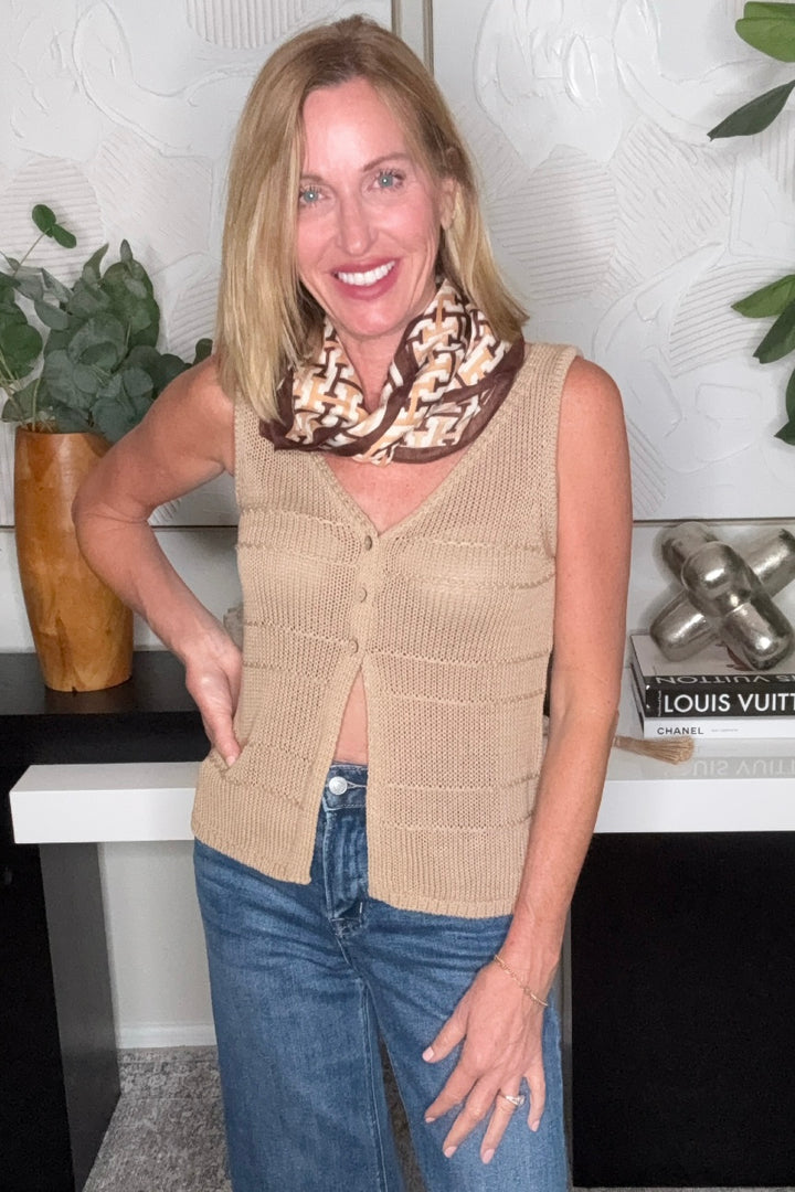 Button Detail Crochet Knit Vest