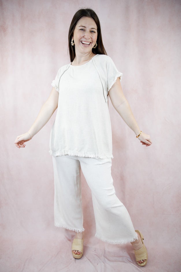 Solid Linen Short Sleeve Top - Seam Detailing & Ruffle Fringe Edges