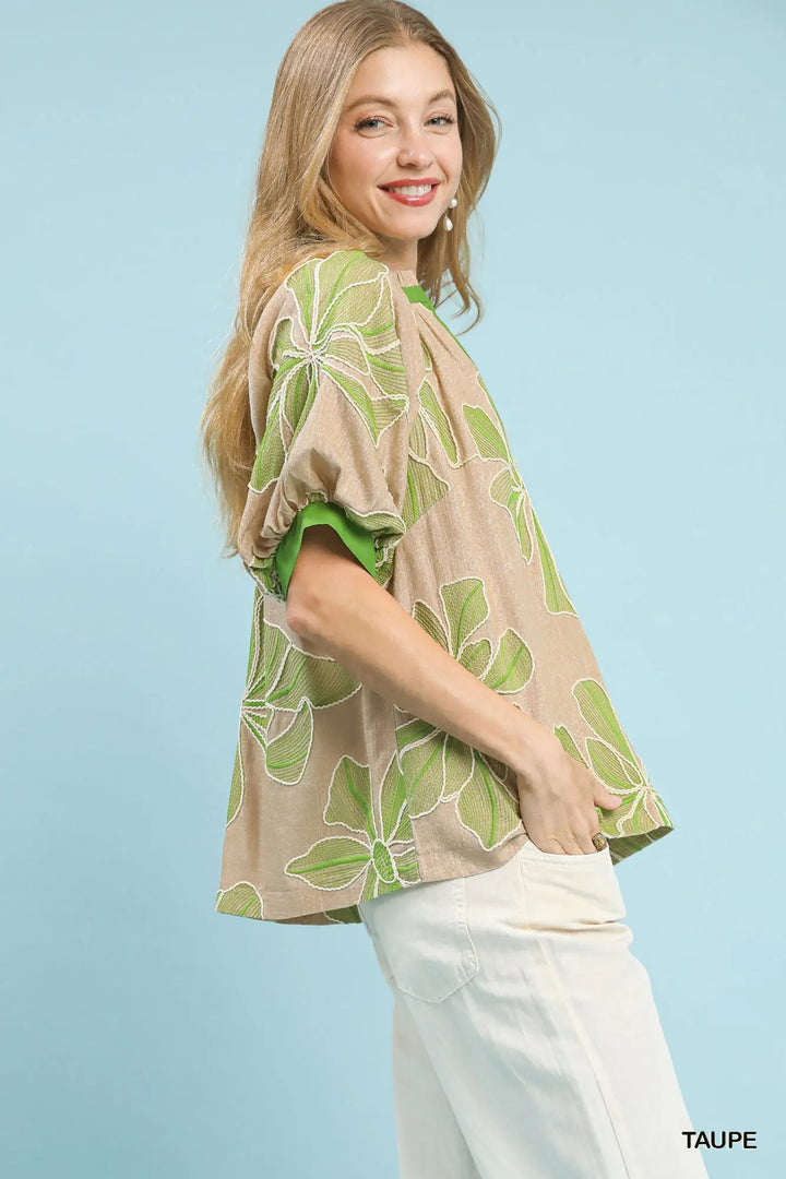 Embroidered Contrast Top With Solid Contrast