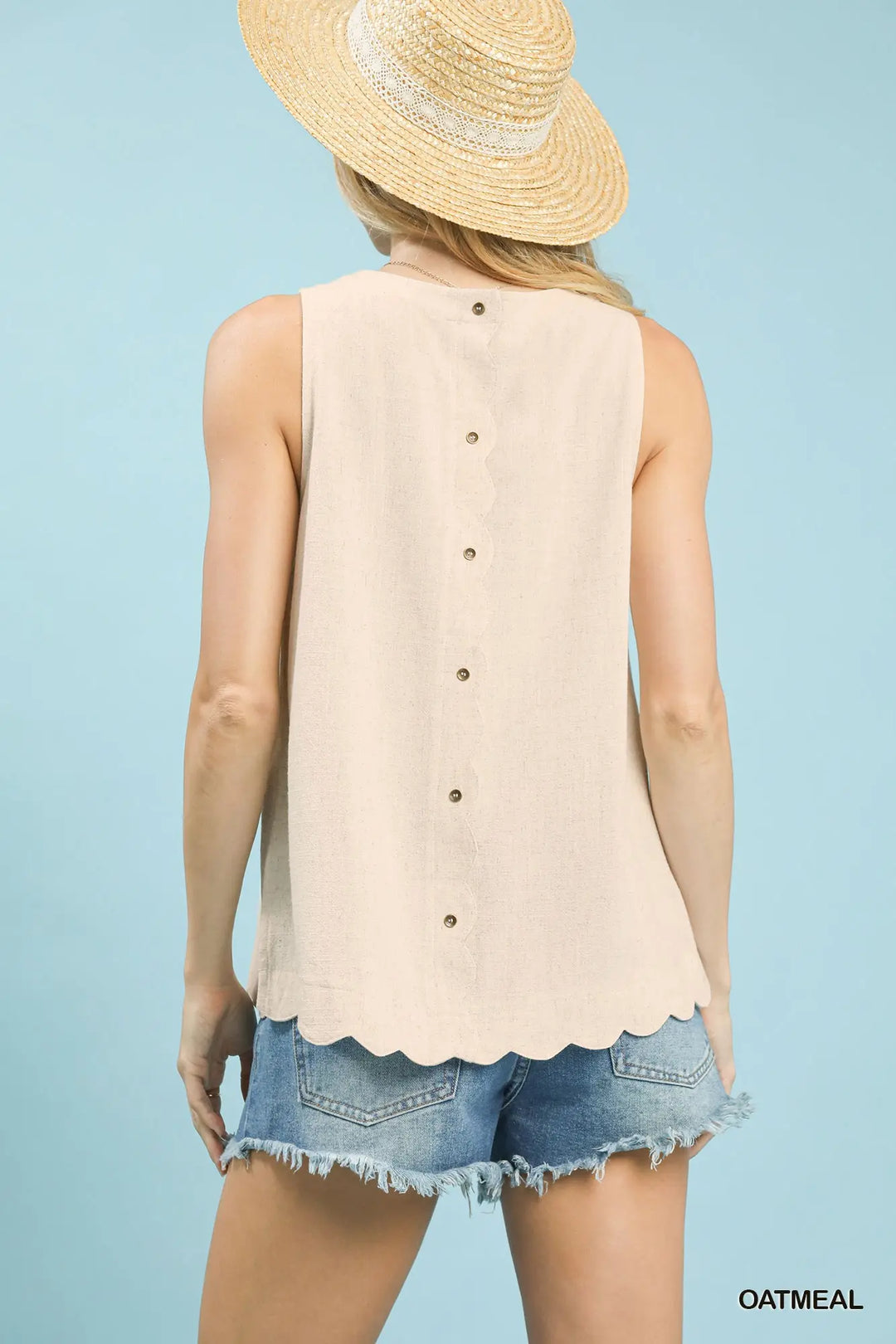 Sleeveless Round Neck Back Button Detail Top