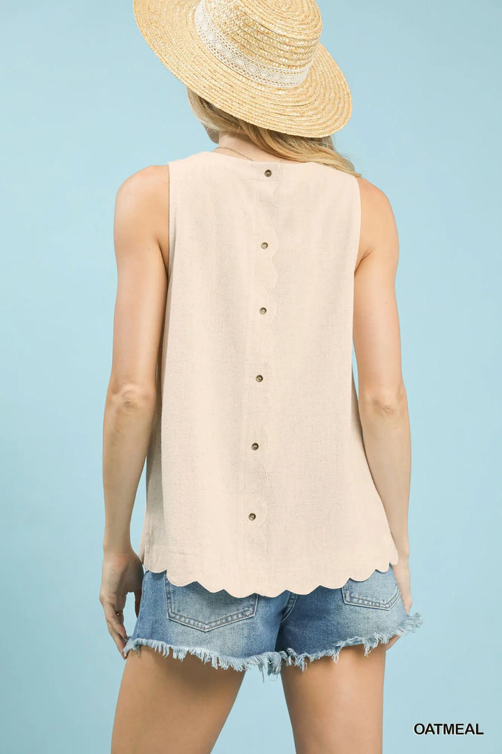 Sleeveless Round Neck Back Button Detail Top