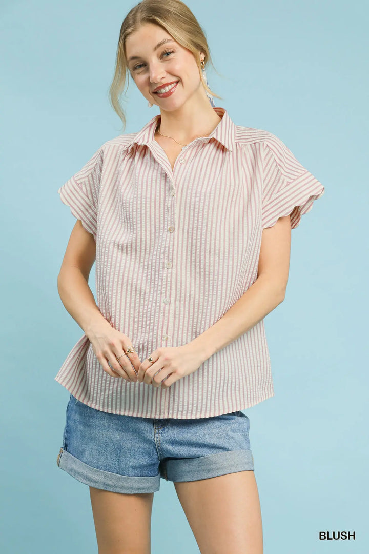 Scallop Sleeve Seersucker Stripe Top