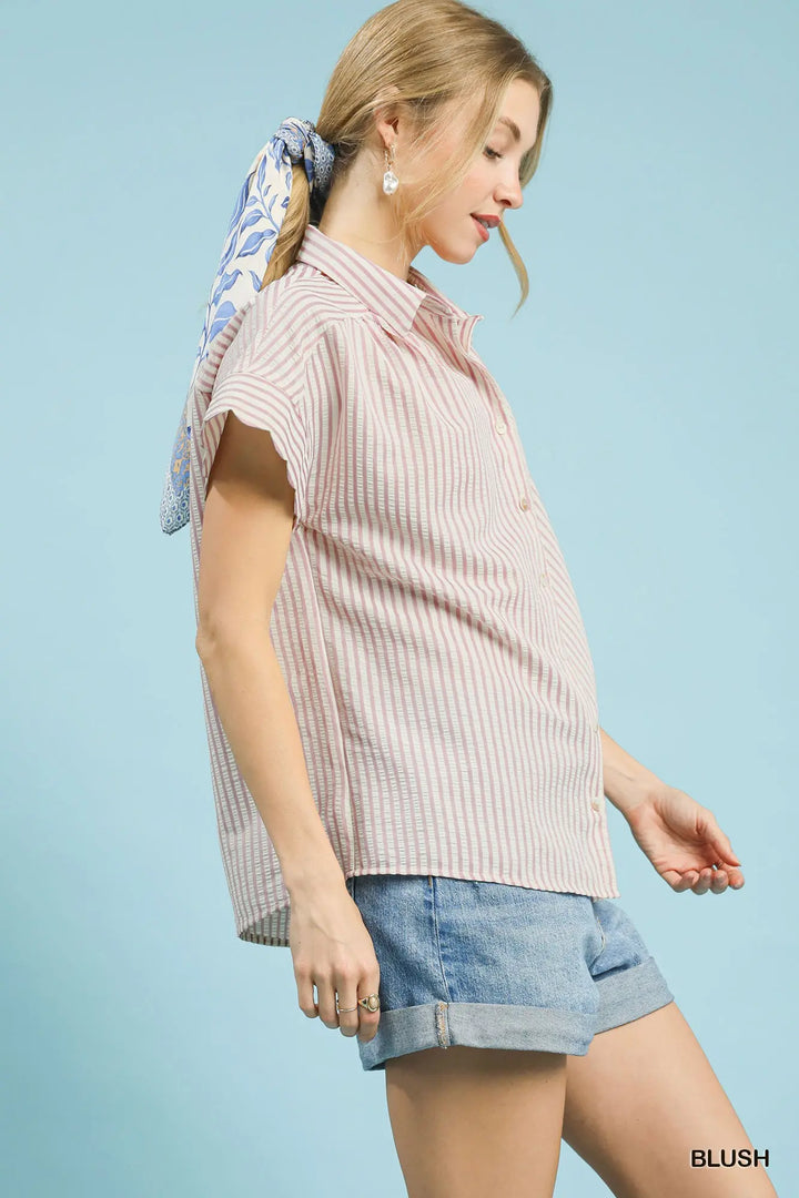 Scallop Sleeve Seersucker Stripe Top