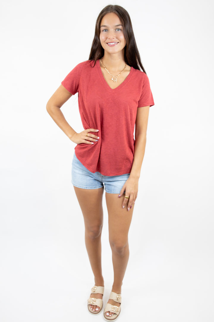 Everyday Hacci V Neck Tee Crimson Red