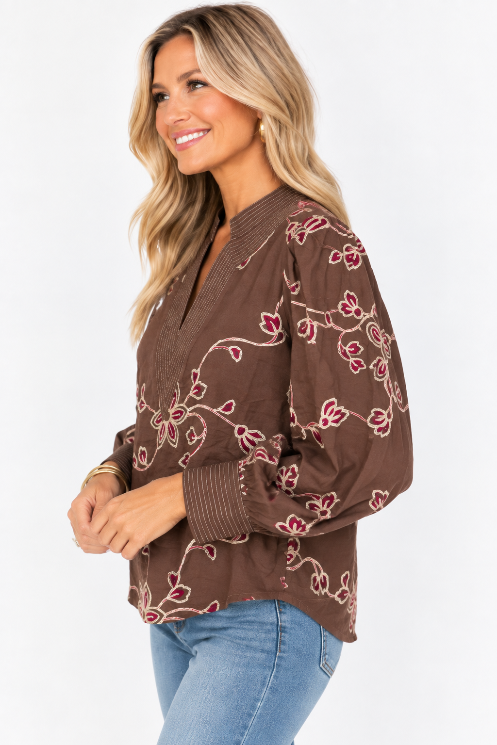 Autumn Embroidery Split Neck Blouse