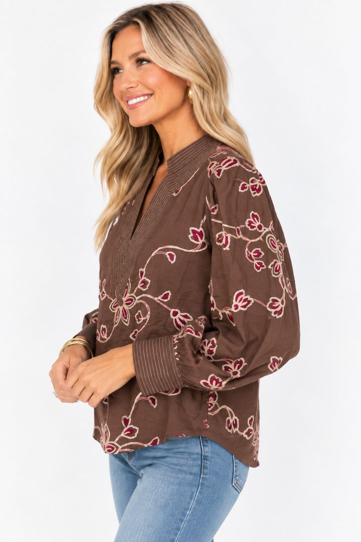Autumn Embroidery Split Neck Blouse