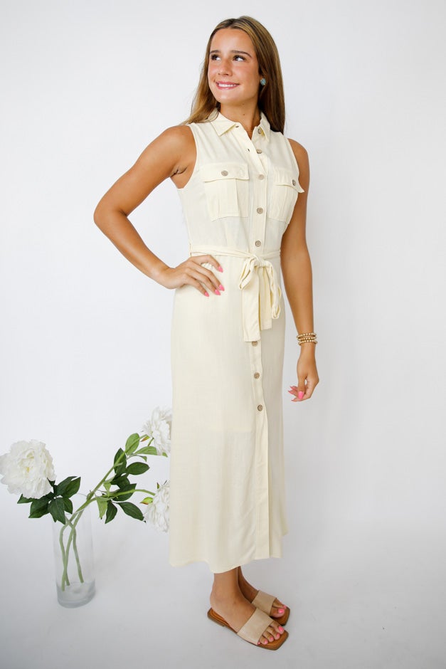 Sleeveless Belted Button-Down Midi Dress *Final Sale*