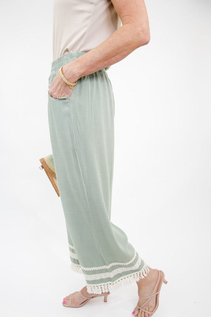 Lace Trim Fringe Hem Wide Leg Pants