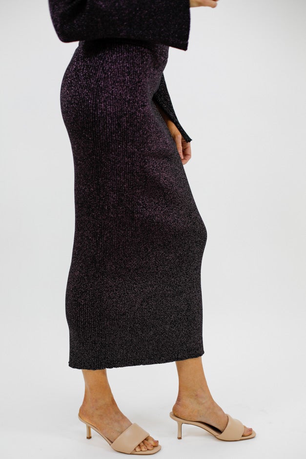 Luxe Ribbed Midi Skirt - Black & Rose Gold Shimmer Knit *Final Sale*
