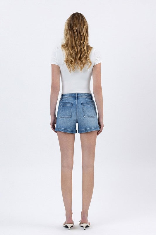 Vervet Mid Rise Patch Pocket Denim Shorts